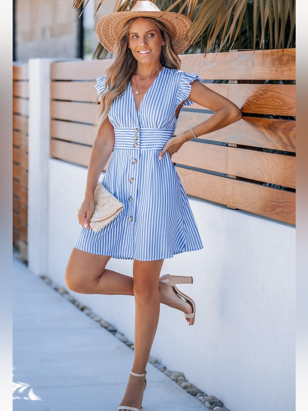 NWT Cupshe Blue & White Striped V‑Neck Button Mini Dress- size L